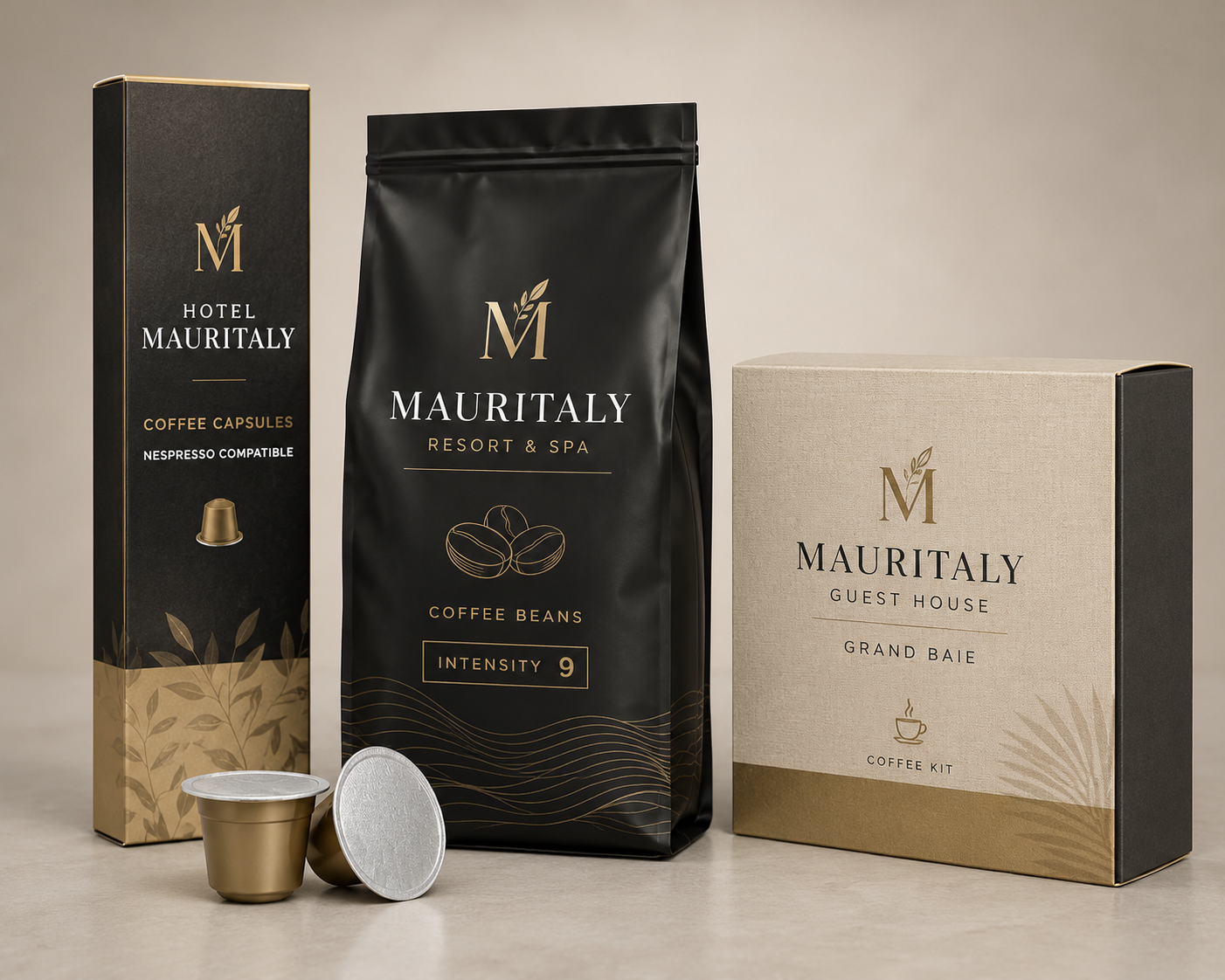 Hotel Mauritaly — black & gold packaging